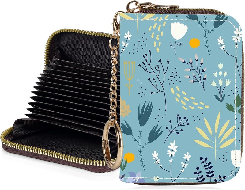 Luoycxy Credit Card Holder for Women,Small Rfid Wallet with Keychain Zipper,Cute PU Leather Card Case Wallet，Accordion Credit Card Wallets Gift,Blue Grass White Flowers - Image 1